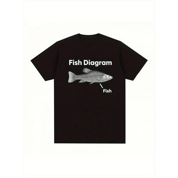Men'S Retro Fish Diagram Graphic T-Shirt - Black Cotton Crew Neck, Short Sleeve, Casual Summer Tee with Humorous Fish Illustration, Casual Summer Wear | Humorous Fish Design | Comfortable Fit