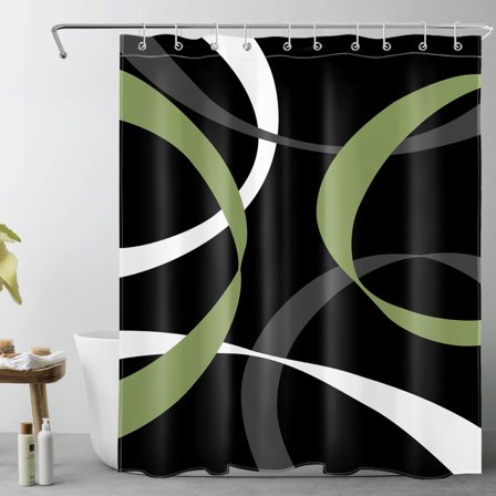 HVEST Abstract Geometric Shower Curtain, Black and Green Abstract Line Shower Curtain - Modern Simple Bathroom Decor, Waterproof Polyester Fabric, Includes 10 Hooks, 60x72 Inches