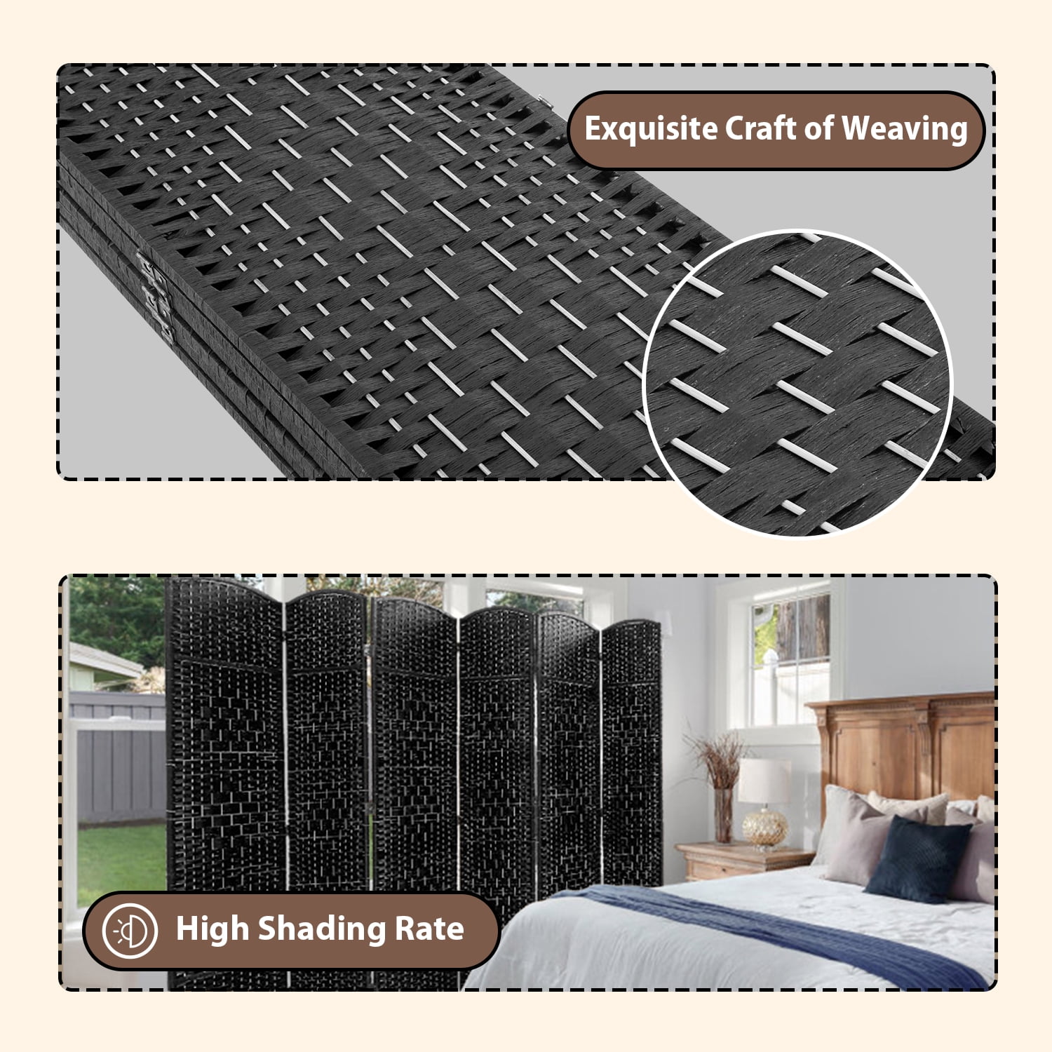 FDW 6 Panel Folding Privacy Room Divider Screen, 70" Tall, Black
