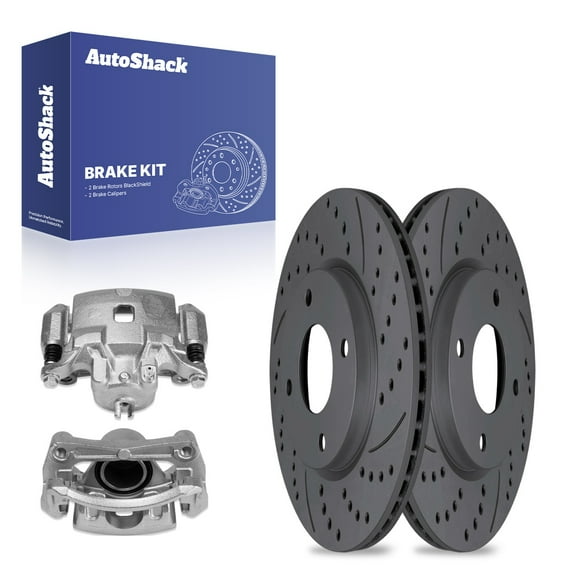 AutoShack Front Drilled & Slotted Brake Rotors Calipers | Replacement for 2007-2012 Nissan Sentra 2.0L FWD | Black Matte Finish | 4-PC Brake Kit | BlackShield