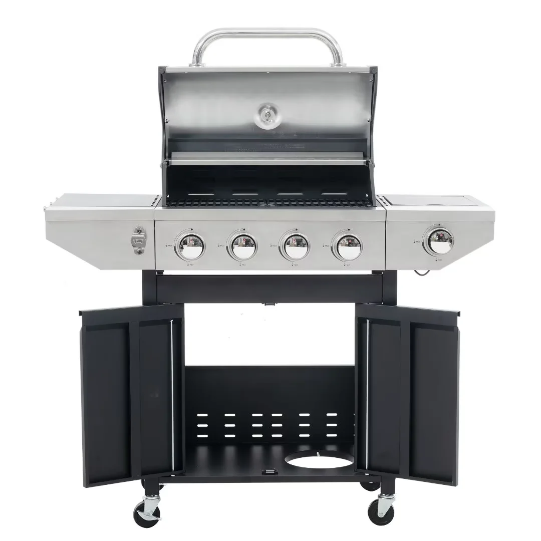 Leuco 4 Burner BBQ Propane Gas Grill, 46,500 BTU Stainless Steel Patio Garden Barbecue Grill with Stove and Side Table