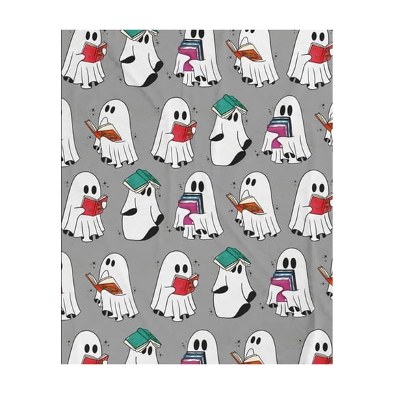 Halloween Gray Ghost Throw Blanket, Soft Warm Fuzzy Flannel for Kids Teens, Cute Book Lover Holiday Room Decor Gifts, Cozy Fall Bed Couch Travel Nap, 27x40in