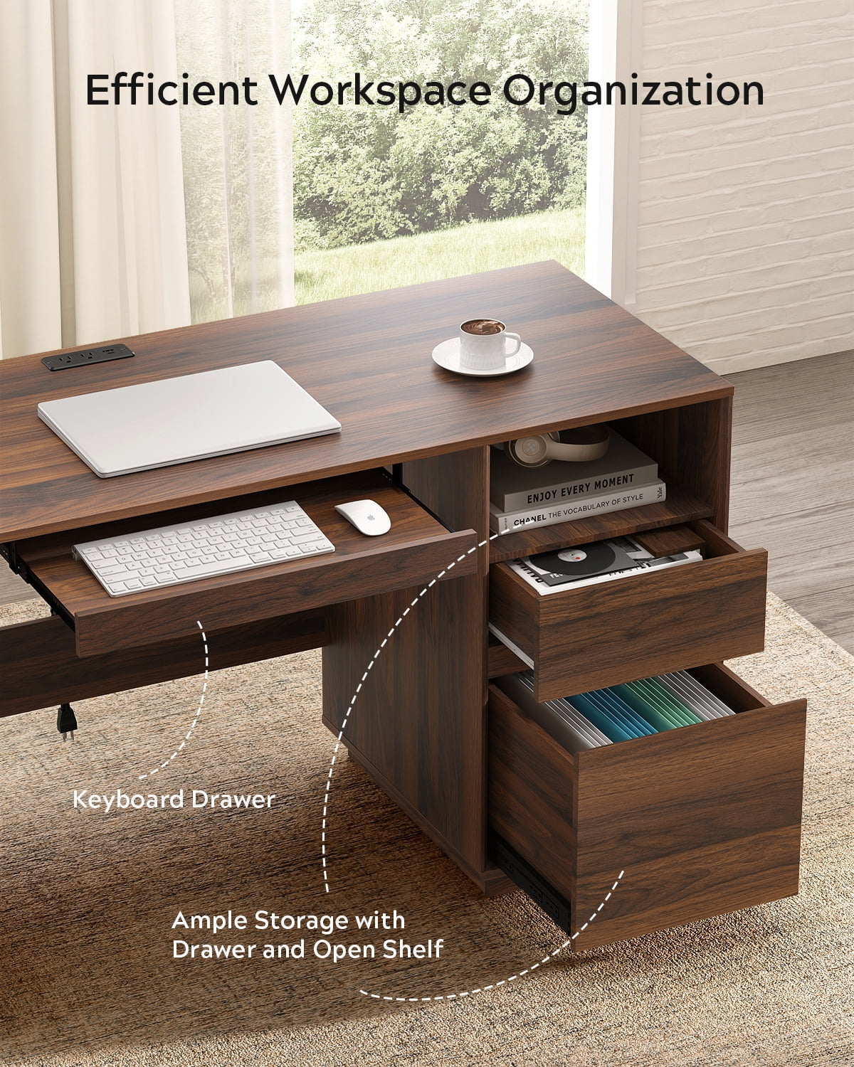 EYYTHUNG 47" Office Desk, Farmhouse Executive Desk with File Drawer & Outlet, Wood Computer Desks with Keyboard Tray, Brown