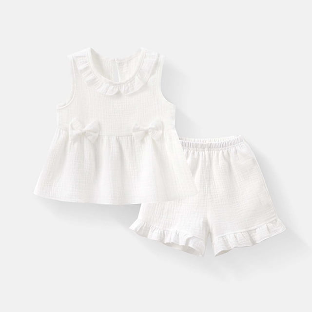 Zpanxa Girls 2 Piece Outfits Solid Color Round Neck Sleeveless Bow Detail Top with Ruffle Hem Shorts Set 3-4 Years