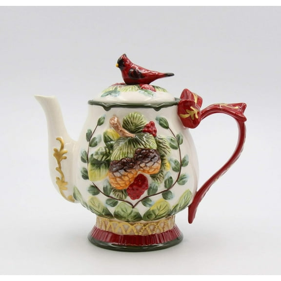 Fine Ceramic Evergreen Holiday Red Cardinal with Pine Cones Teapot, 8-1/8" L