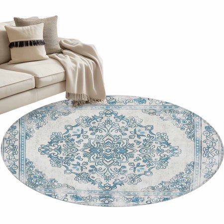Vintage Blue Round Area Rug 4ft, Boho Ethnic Mexican Floral Southwestern Washable Non-Slip Circle Rugs for Bedroom Living Room Kitchen, Soft Non Shedding Circle Carpet for Dining Room Dorm