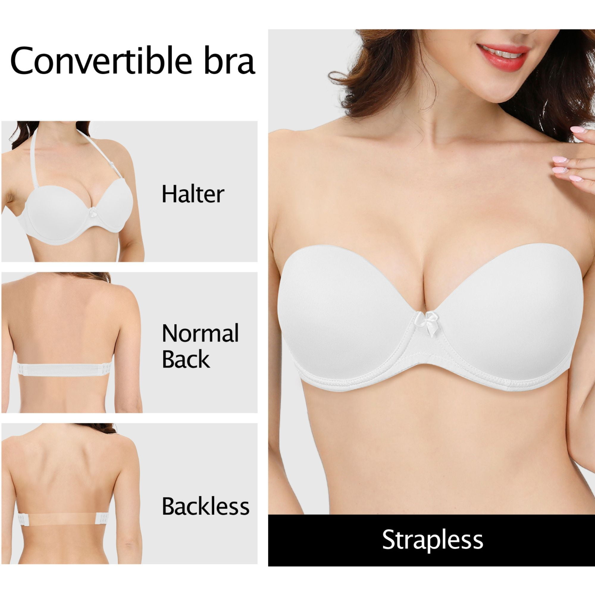 YANDW Strapless Bra for Women Clear Back Convertible Padded Multiway Bras with Underwire, White 34C