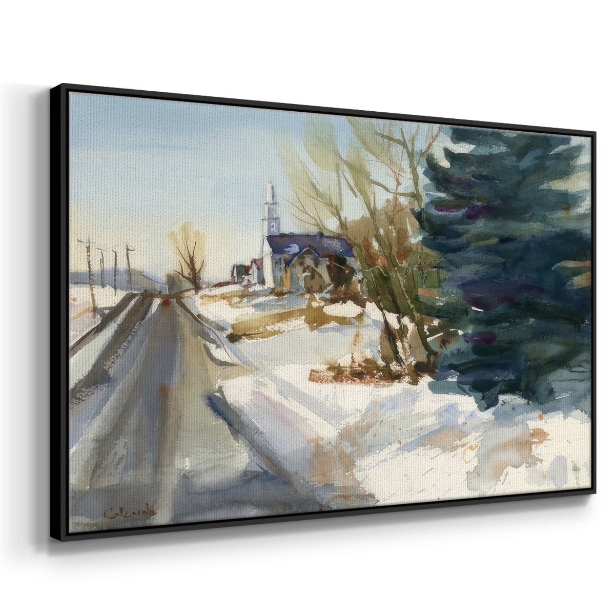 Congregational Church in Winter - Framed Gallery Wrapped Holiday Canvas - 27 x 41 - Black Frame
