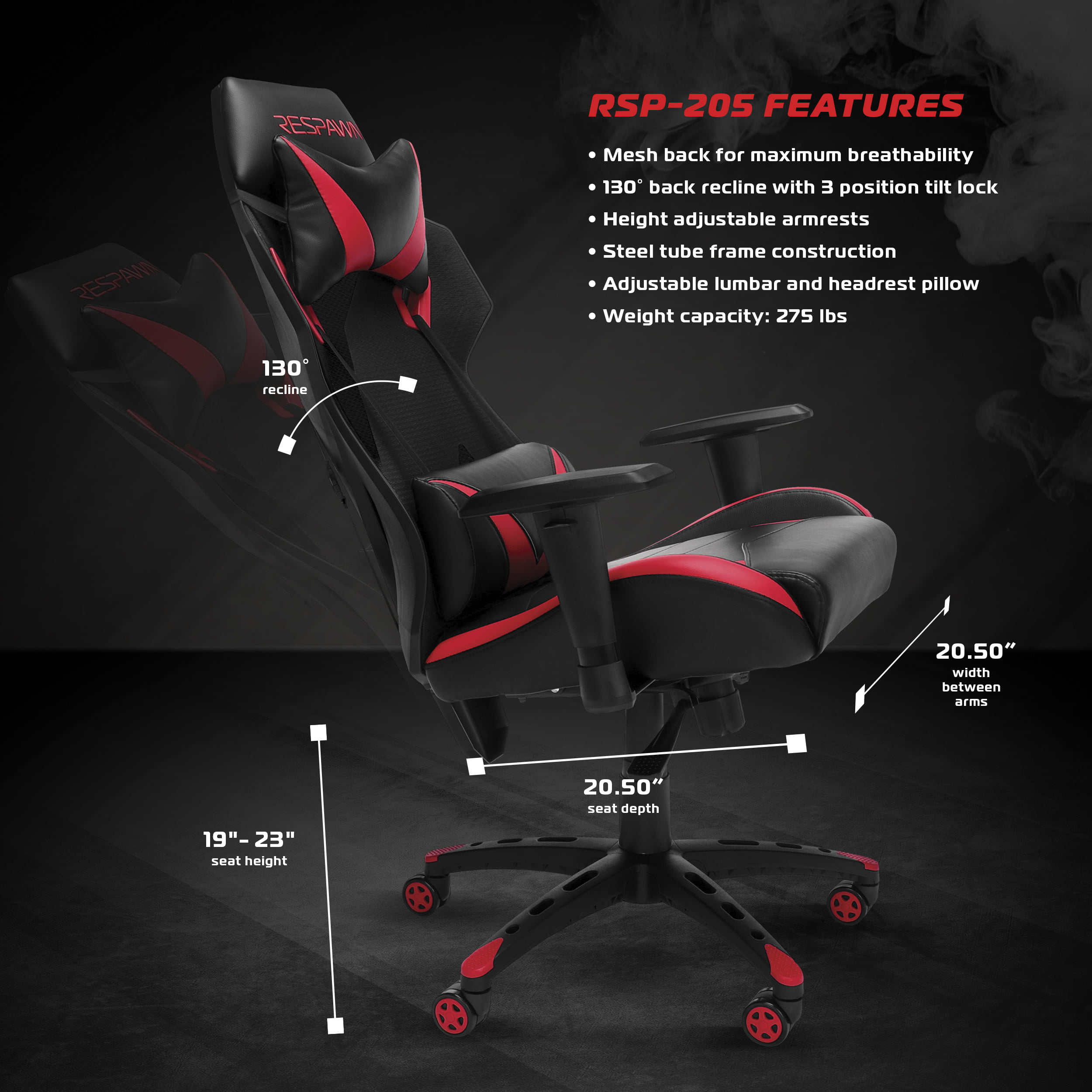 RSP-205 Details about   RESPAWN-205 Racing Style Mesh Back Gaming Chair Red 