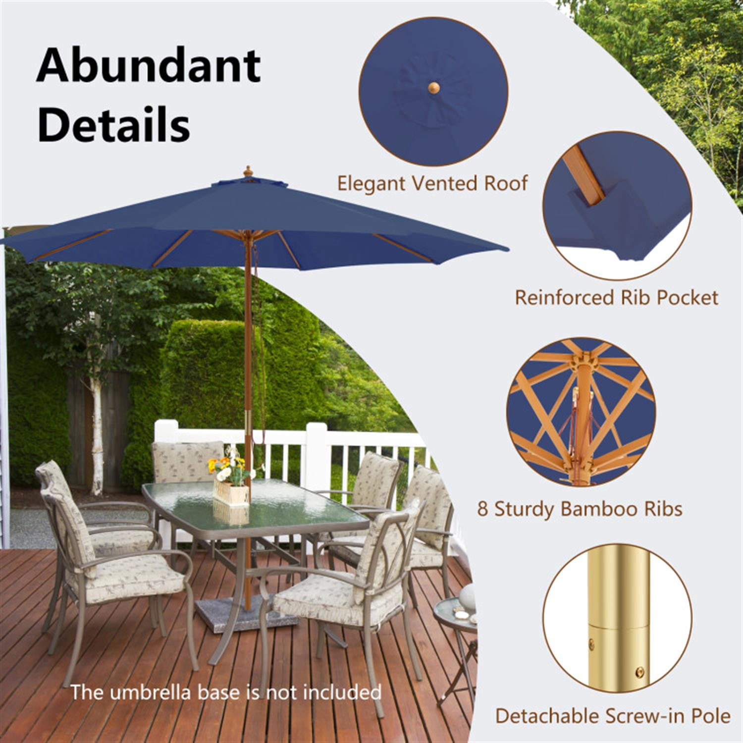 Demi Bonn 10 Feet Patio Umbrella with 8 Wooden Ribs and 3 Adjustable Heights, Outdoor Table Umbrella, Yard Umbrella, Blue