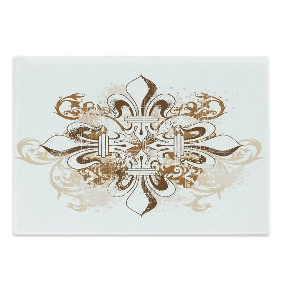 Fleur De Lis Cutting Board, Antique Heraldry Vintage Floral Swirls Traditional Old Fashion, Decorative Tempered Glass Cutting and Serving Board, Large Size, Brown White, by Ambesonne