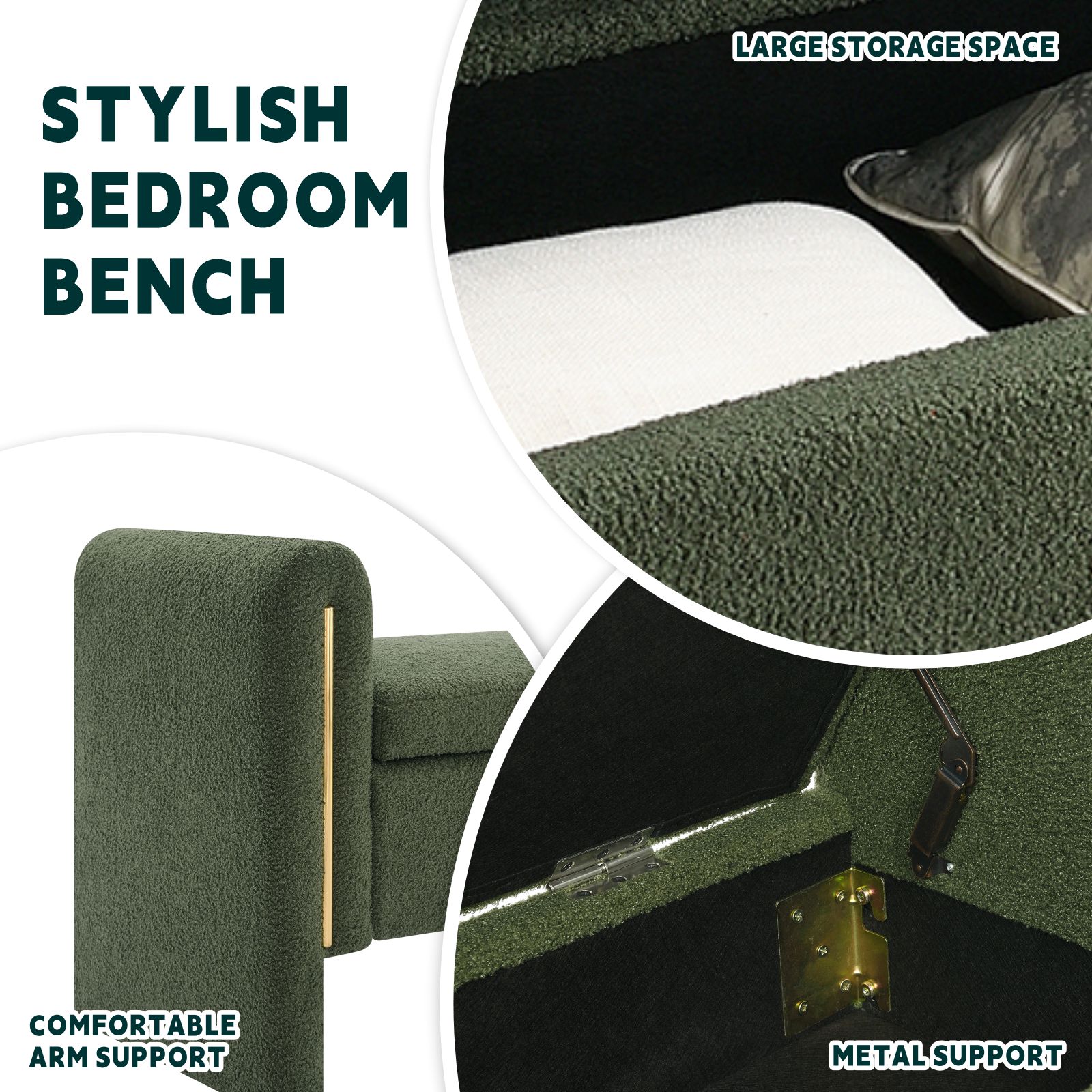 QianYueLUX 52" Storage Ottoman Bench with Armrests, Green Teddy Fabric, 250lbs Capacity, Multi-Functional Footrest for Bedroom & Entryway