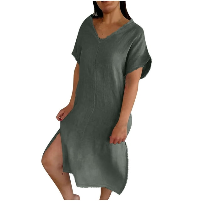 Liquidation d'Été 2025! Robe Grande Taille pour Femmes, Liquidation d'Été pour Femmes, Mode Robe d'Été Décontractée à Col en V Manches Courtes Unie pour la Plage