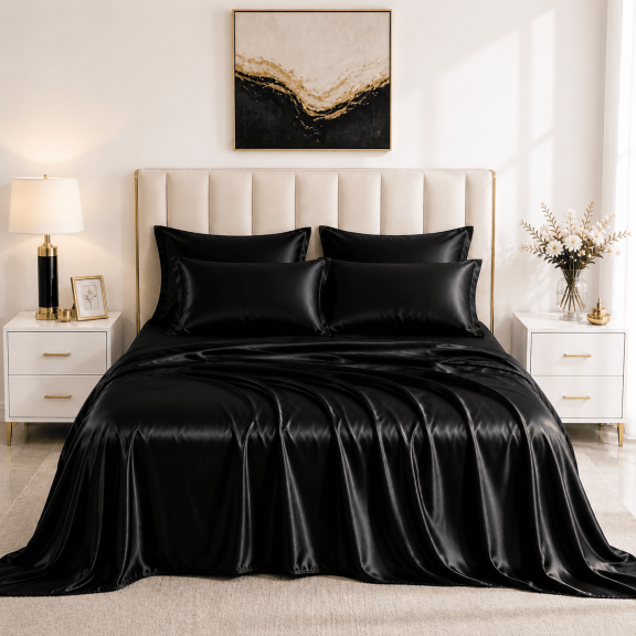 Yalamila Satin Sheet Set Queen Size, Black 4 Pcs, Luxury Silky Soft 4 Pieces Bed Sheet Set with Deep Pocket Fitted Sheet, Flat Sheet and 2 Pillowcase for Hair and Skin