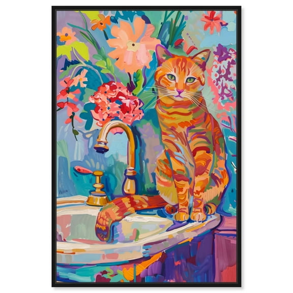 Colorful Sink Cat Canvas Jungle Bathroom Art by Art Remedy, Black Frame, 10" x 15"