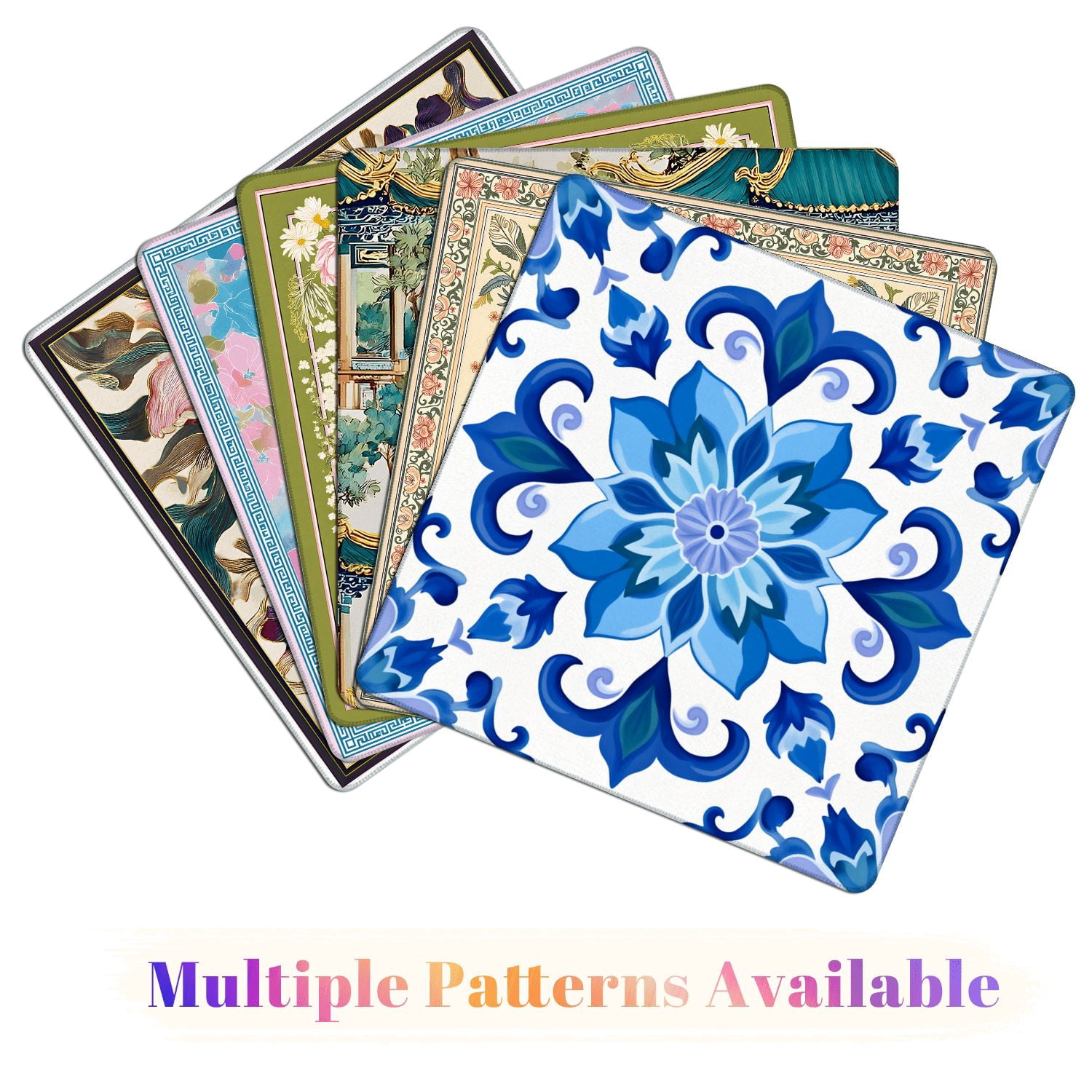 Mahjong Mat 31.5" x 31.5" Blue Floral Ceramic Tile Symmetrical Design Non-Slip Noise Reduction American Mahjong Tiles Table Cover for Dominoes Poker Card Board Games Gift