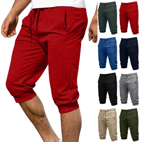 WPPGONE Capri Sweatpants for Men with Pockets Cotton Plus Size Elastic Waisted Drawstring Slim Fit Joggers Cropped Bottoms Athletic Sports Gym Running Pants, S-3XL