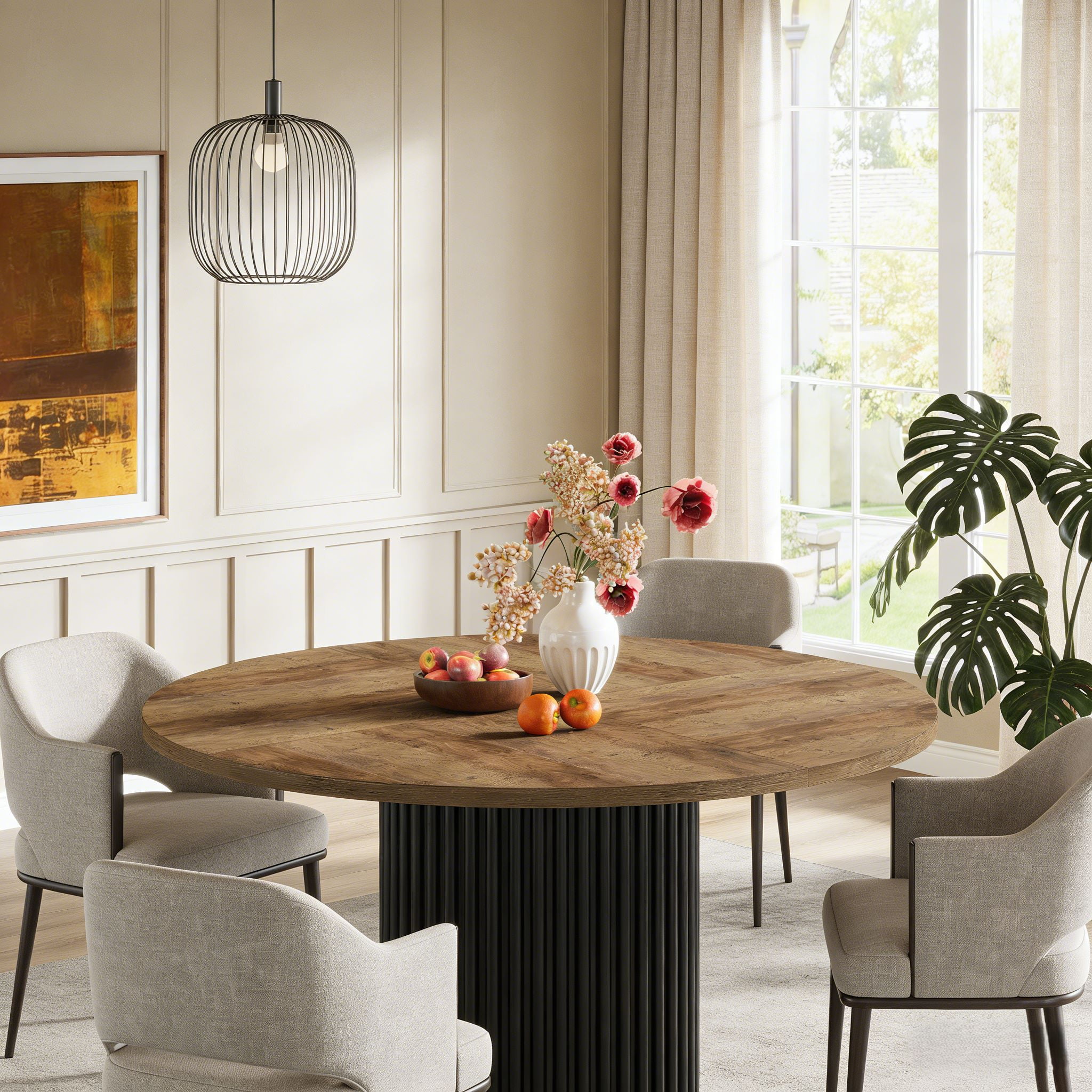 Fnova 47.24" Round Dining Table, Wood Coffee Table for 4 People, Modern Farmhouse Kitchen Table for Dining Room (Chairs Not Included)