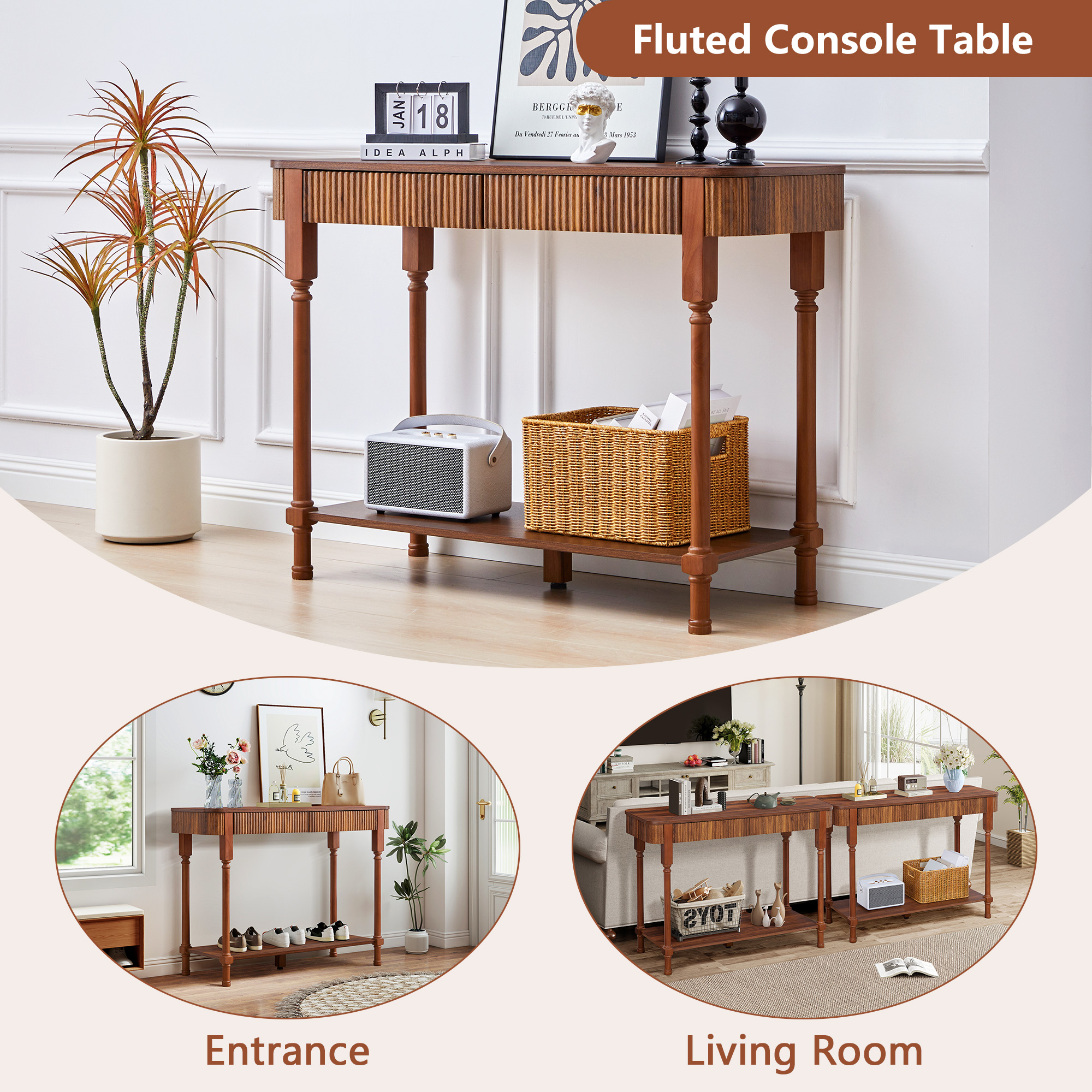 YOCWO Roman Column Console Table, Fluted Sofa Table with 2 Drawer and Open Shelf for Storage, Mid Century Modern Entryway Table for Living Room Hallway, Walnut