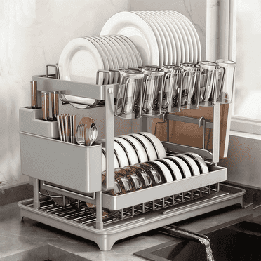 2-Tier Detachable Stainless Steel Dish Rack with Cutlery and Cup Holder,Gray