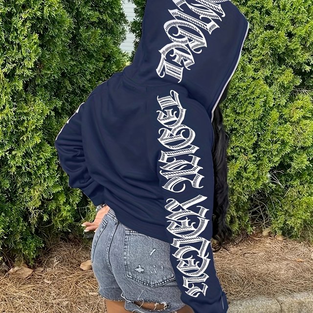 Zip Up Loose Hooded Sports Sweatshirts,Letter Graphic Y2k Style Long Sleeve Top Solid Color Hoodie Jacket,Women's Sporty Sweatshirts
