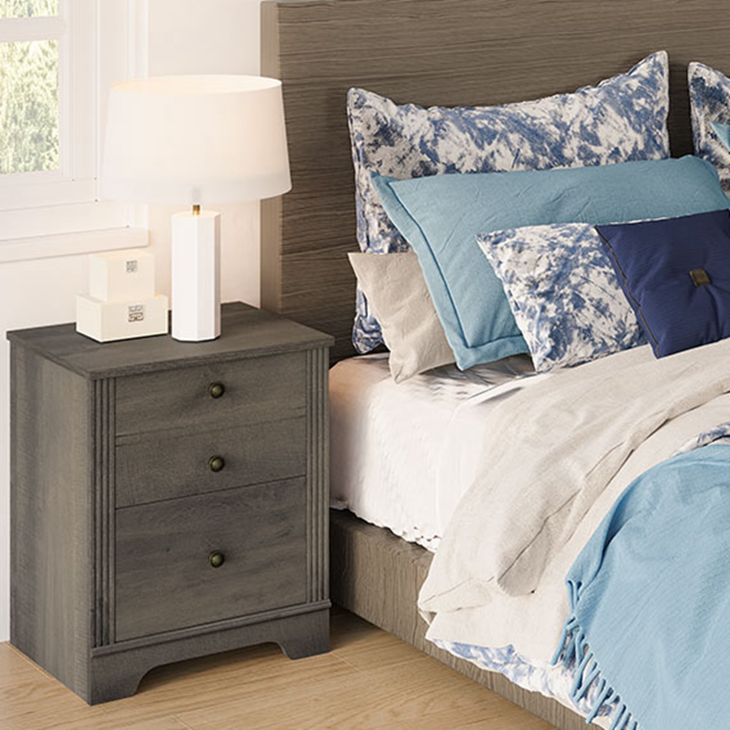 Nightstand with 2 Drawers, Grayish Brown Bedside Accent Table with Storage for Bedroom, Living Room, 15.5" W x 18.8" L x 23" H