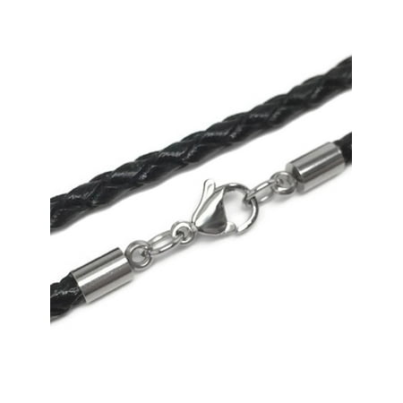 Braided Black Leather Necklace Cord (3mm) with Stainless Steel Lobster Clasp - 24 Inch