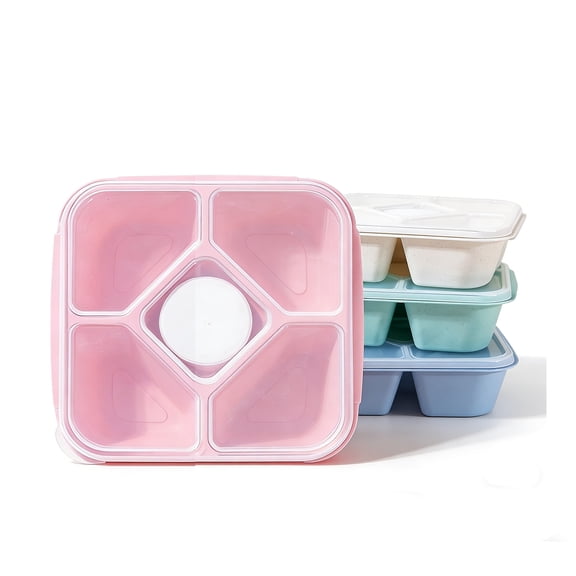 JOGGEIL Bento Box 4 Pack, 5-Compartment Snack Containers with Lids, Wheat Straw BPA-Free Lunchable Container, Reusable Meal Prep Food Storage for Adults, Microwave Dishwasher Safe