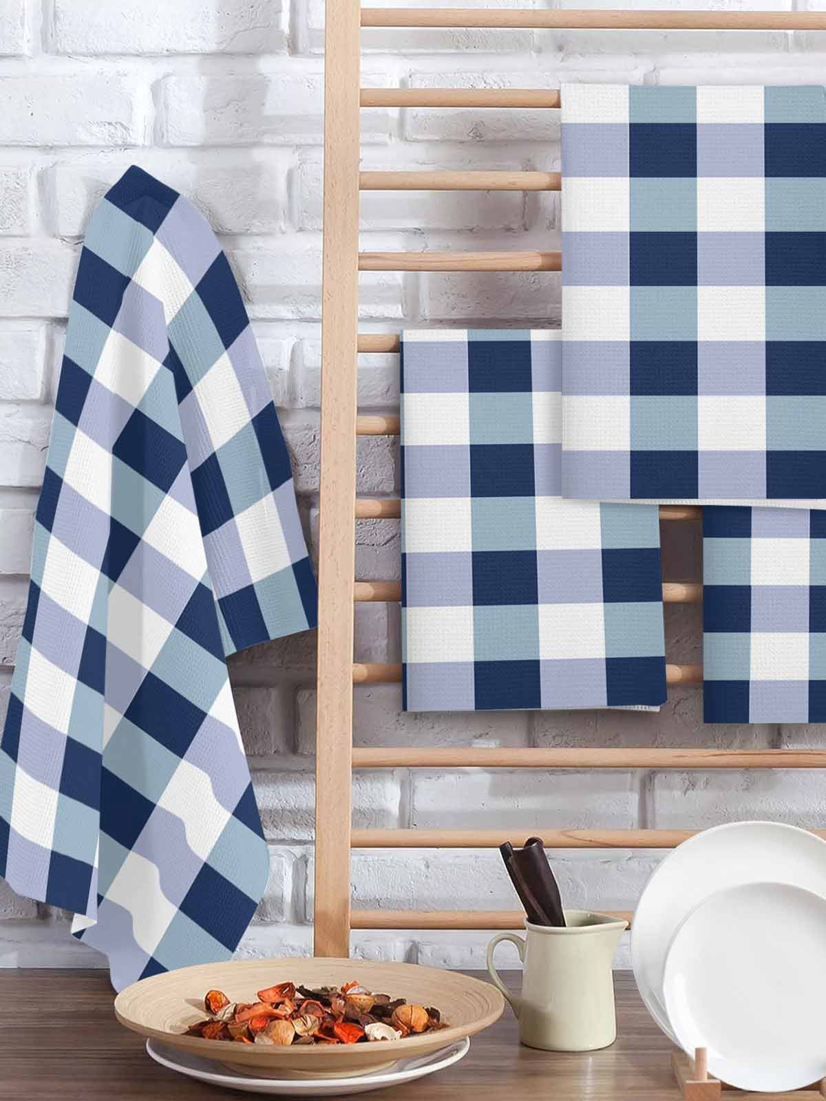 Navy Blue Plaid Kitchen Dish Towels for Drying Dishes Set of 4, Spring Farmhouse Buffalo Checkered Waffle Weave Microfiber Hand Tea Bathroom Towels Quick Dry & Absorbent Towel 15.7x23.6