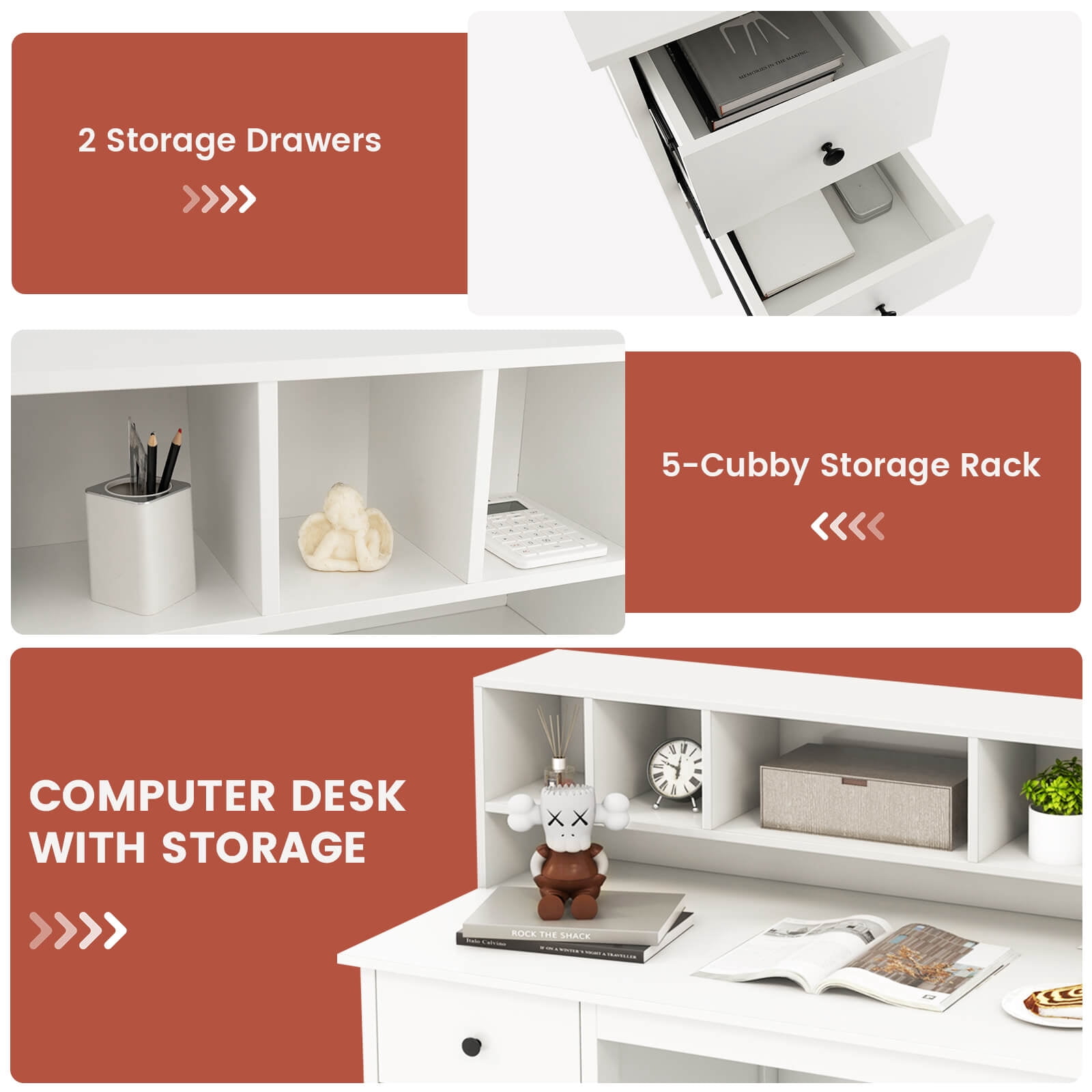 Costway Computer Desk 48" Writing Table w/ Power Outlets 5-Cubby Hutch 2 Storage Drawers White