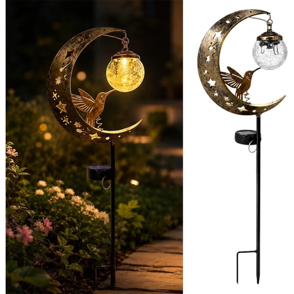 Leutsin Hummingbird Moon Solar Garden Stake Light, Waterproof Half Moon LED Pathway Decor, Crackle Hanging Glass Globe Ball Metal Crescent Lighting Decoration for Outside Yard Patio Lawn