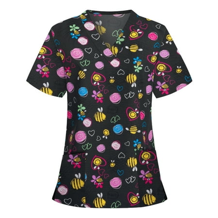 

Mchoice Women s Floral Print Stretch Scrub Top with Pockets V-Neck Comfy Scrub Top Tunic Top on Clearance