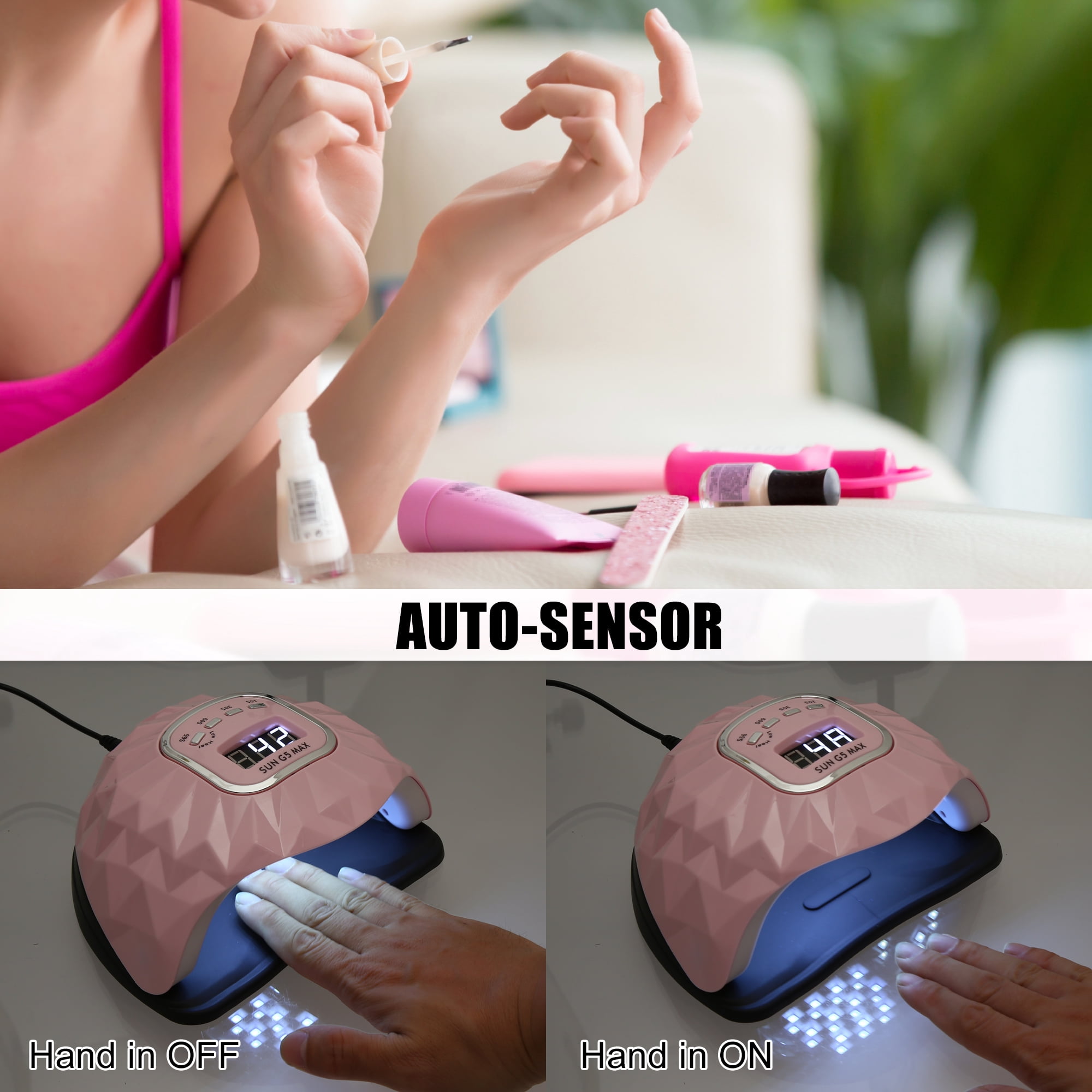 Unique Bargains UV-LED Nail Lamp Portable Gel Nail Polish Dryer with Sensor 4 Timers 200W 45pcs Nail Light Pink