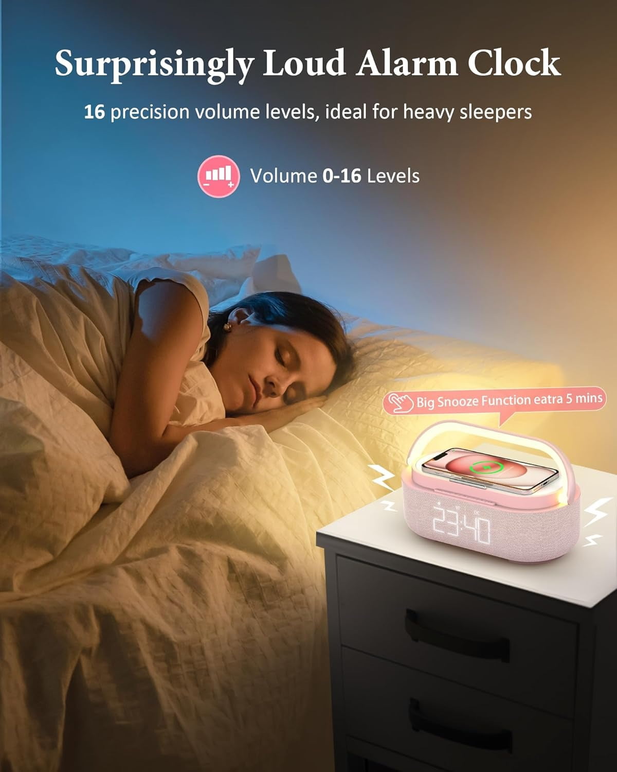 FreeFish Bluetooth Speaker Alarm Clock with Wireless Charger, LED Night Light, 2500mAh Battery - For Bedroom, Home Pink