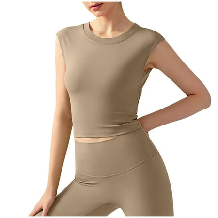 Summer Savings Clearance 2025! Loopsun Bras Women Spring/Summer Yoga Short Sleeved Fixed Chest Cushion Backless Short Sports T-shirt Waist Tight Fitness Tank Top Sports Bra Khaki M