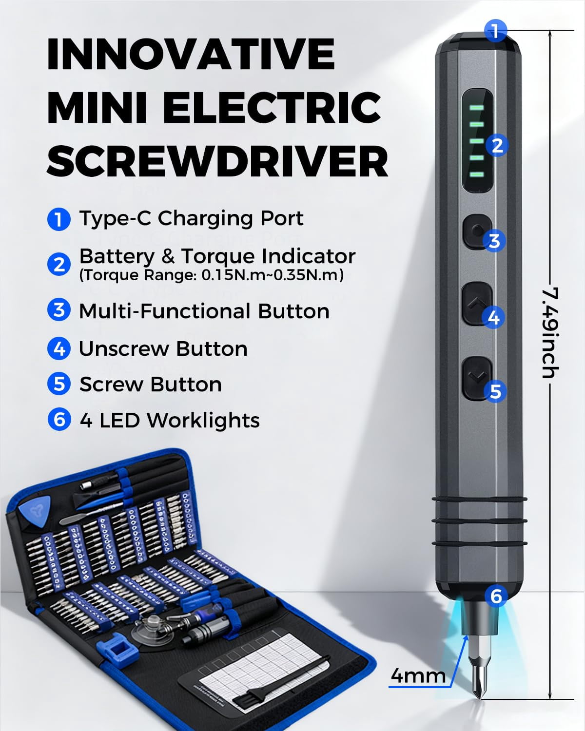 Mini Electric Screwdriver Set 140-in-1:  Small Cordless - 120 Precision Bits 5 Torque Settings Led Light Magnetic Power Repair Tool Kit For Pc Rc Electronics