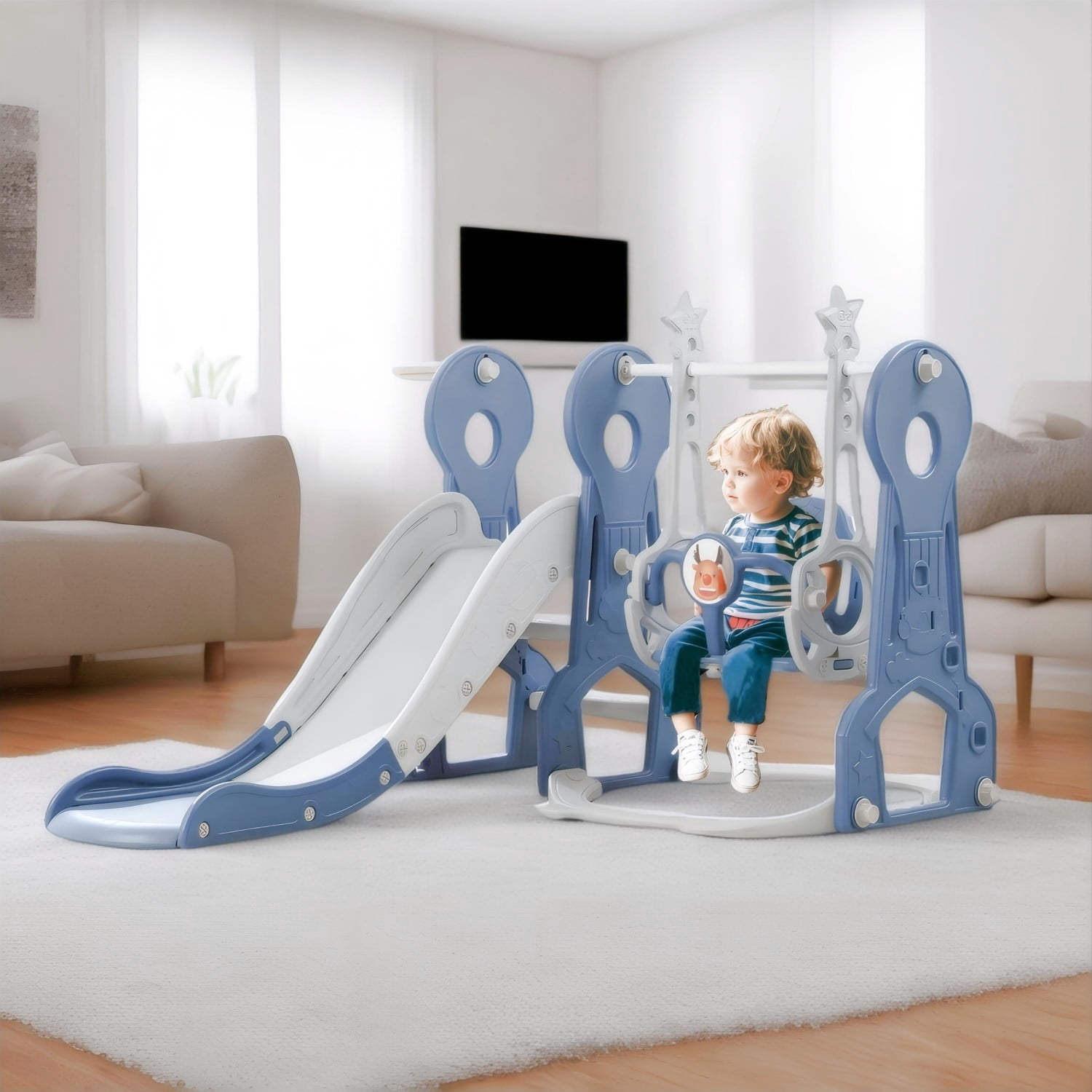 WDKJ 4 in 1 kids Swing and Slide ，Indoor Outdoor Playground for Children Baby Swing Set with Slide, basketball hoop for Boys and Girls