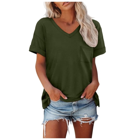 Landzoo Women'S Shirt Solid Color Short Sleeve V-Neck Tees Summer Breathable Women T-Shirt Size L Army Green
