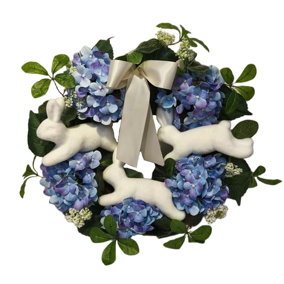Eolstice Bunny and Hydrangea Wreath, Easter Blue Bunny Wreath For Spring Outdoor Front Door Decorations, 20"