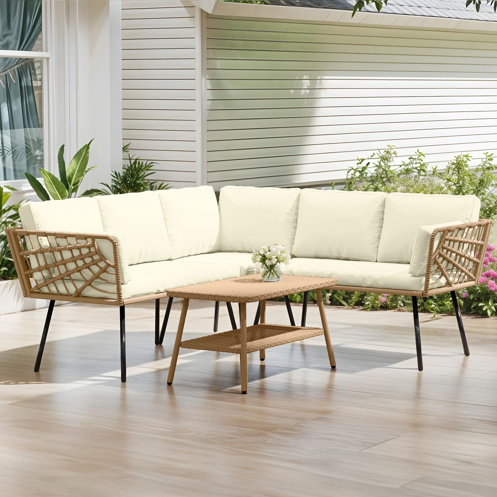 Craftian Patio Conversation Set, 4 Pieces Outdoor Furniture Set with L-Shaped Sofa,Cushions and Coffee Table