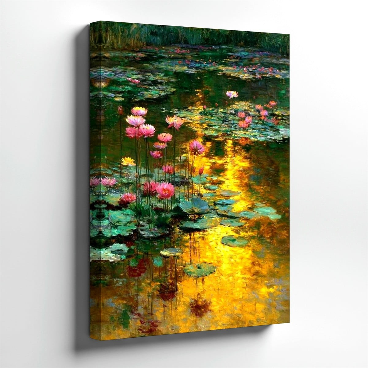 Water Lily Pond Pink Flowers Golden Reflection Wall Art Print Floral Nature Decor