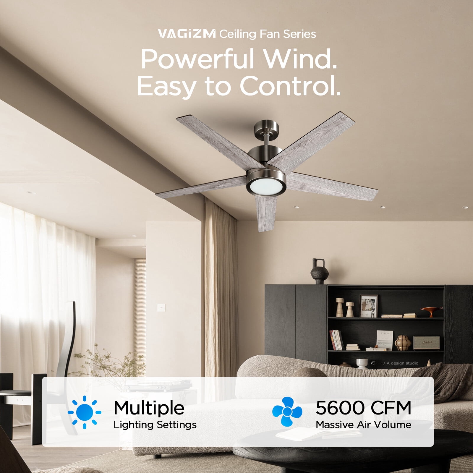 Vagizm 52-Inch Brushed Nickel Downrod Mount Modern Ceiling Fan with Light and Remote Control