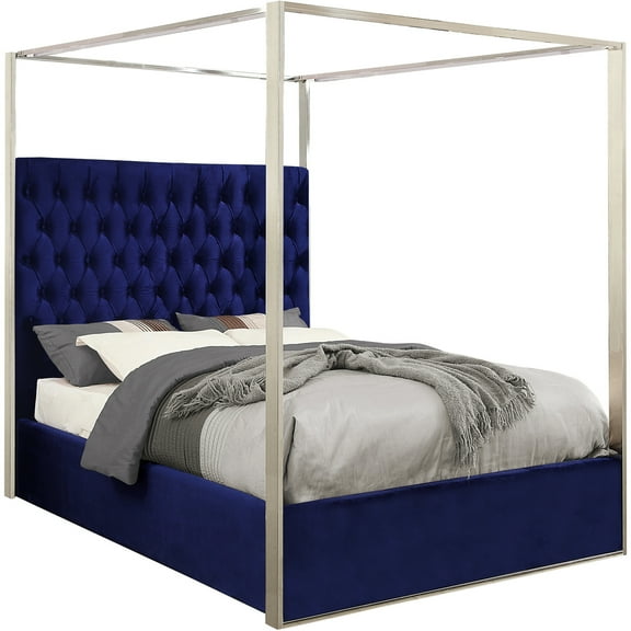 Homestock Antique Accents Modern , Contemporary Velvet Upholstered Bed with Deep Detailed Tufting and Chrome Canopy, Navy, King Size