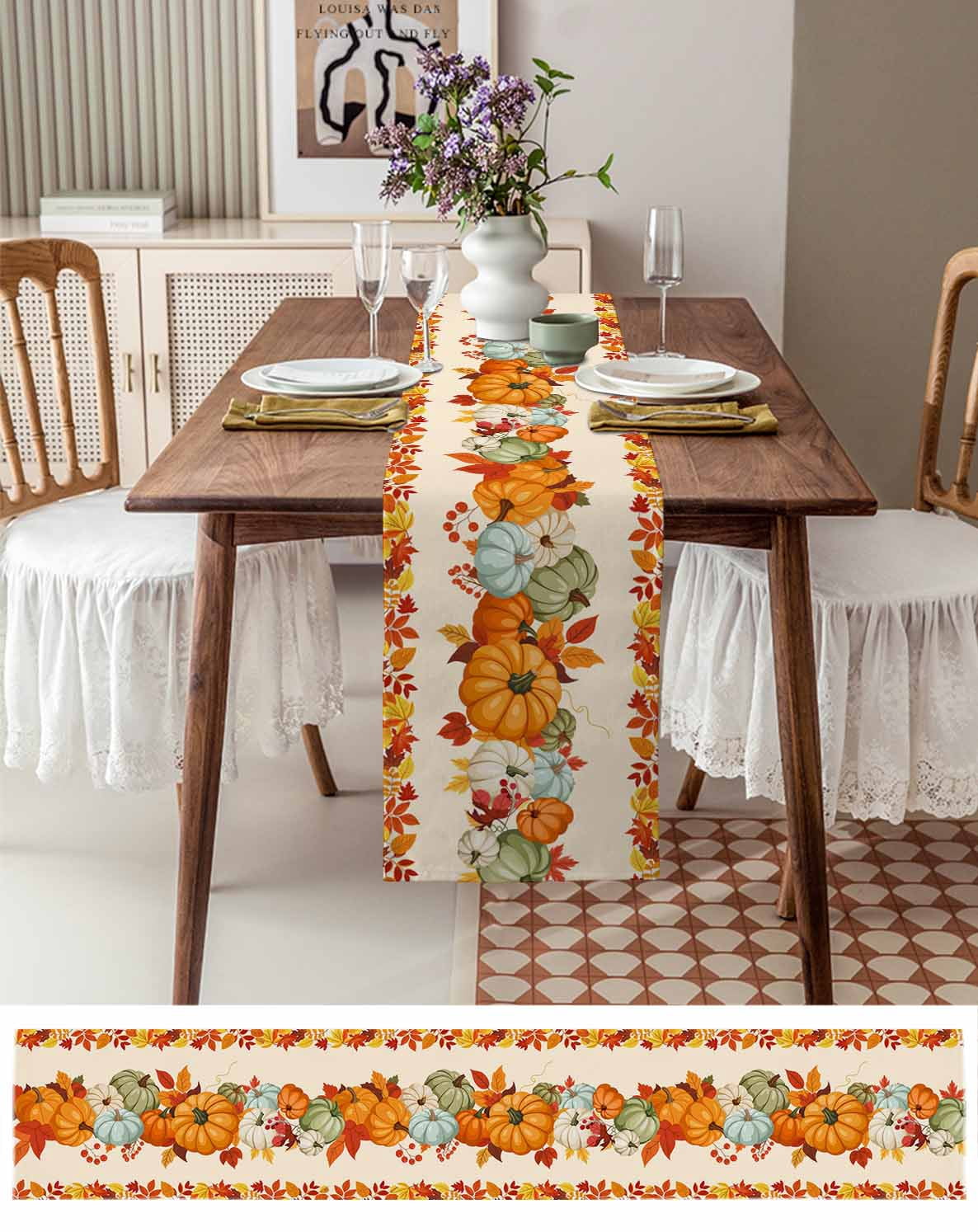 Fall Burlap Cotton Table Runner 14x72 Inches Long, Orange Blue Pumpkins Thanksgiving Farmhouse Maple Leaf Farmhouse Table Runners, Outdoor Dining Tablecloths Decor for Baby Shower/Party/Wedding