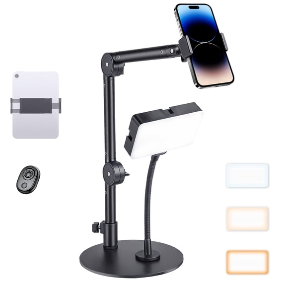 HAARAY Overhead Phone Mount with 1800mAh Magnetic Rechargeable Light for Desk, 90 LED Dimmable Selfie Light with 3-Stage Adjustable Stand & Remote, Phone Tablet Stand for Video Recording, Live Stream