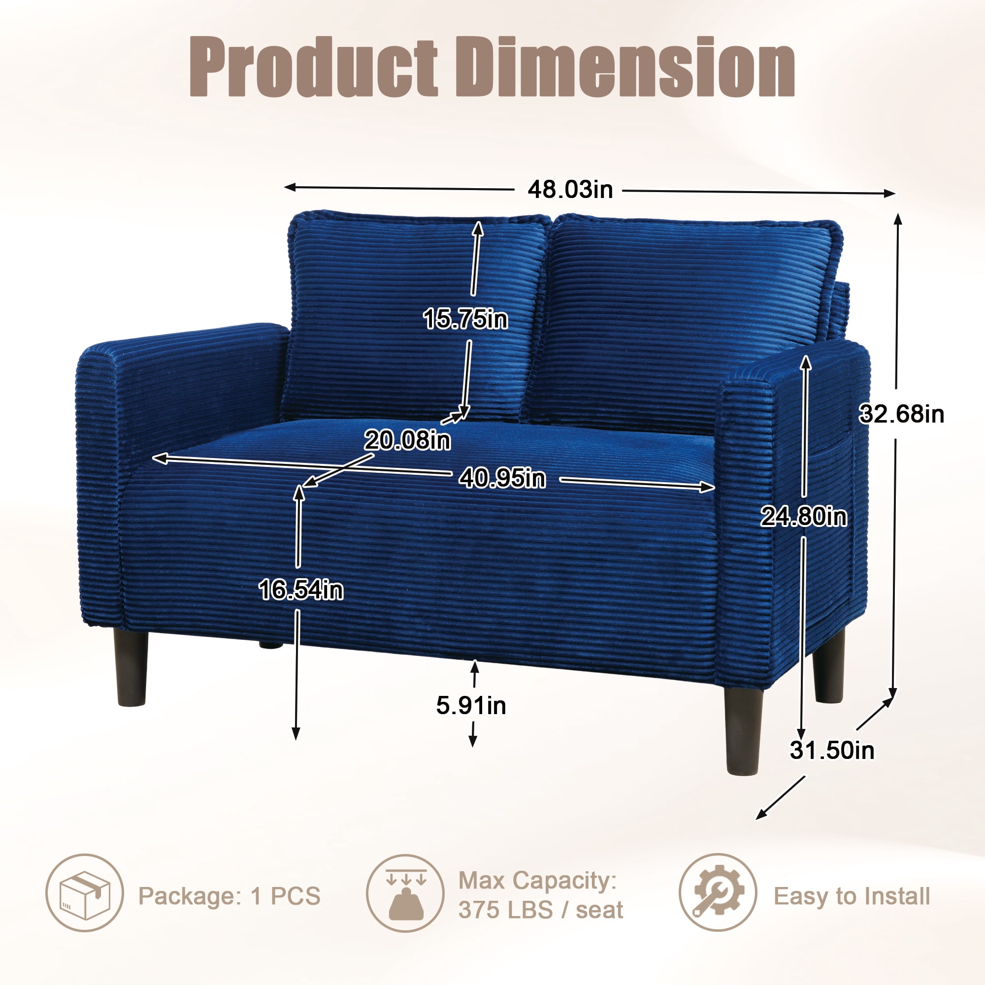 Leumius Corduroy Loveseat Couch,48" W Upholstered 2 Seater Sofa with Side Storage Pocket,Modern Small Sofa Couches for Small Spaces,Apartement,Blue