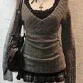 thumbnail image 5 of Suéteres de punto con cuello en V vintage de moda para mujer, suéteres nuevos de principios de otoño 2024 para mujer, suéteres de manga larga ajustados grunge Y2k, 5 of 5