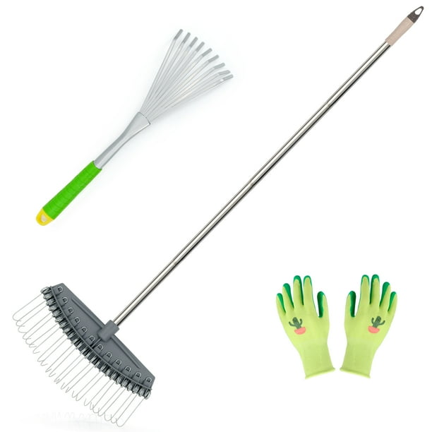 Hortem Garden Leaf Rake Set, Adjustable Thatch Rake and Hand Shrub Rake