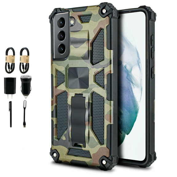 Value Pack + for Samsung S21 FE (NOT FIT S21) with Tempered Glass Phone Case Hybrid Phone Case Magnetic Mount Ready Grip Grids Kickstand Slim Shock Bumper Cover