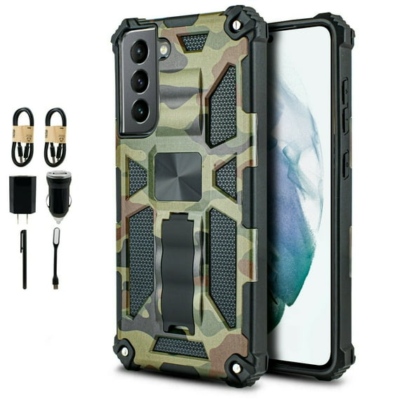 Value Pack + for Samsung S21 FE (NOT FIT S21) with Tempered Glass Phone Case Hybrid Phone Case Magnetic Mount Ready Grip Grids Kickstand Slim Shock Bumper Cover